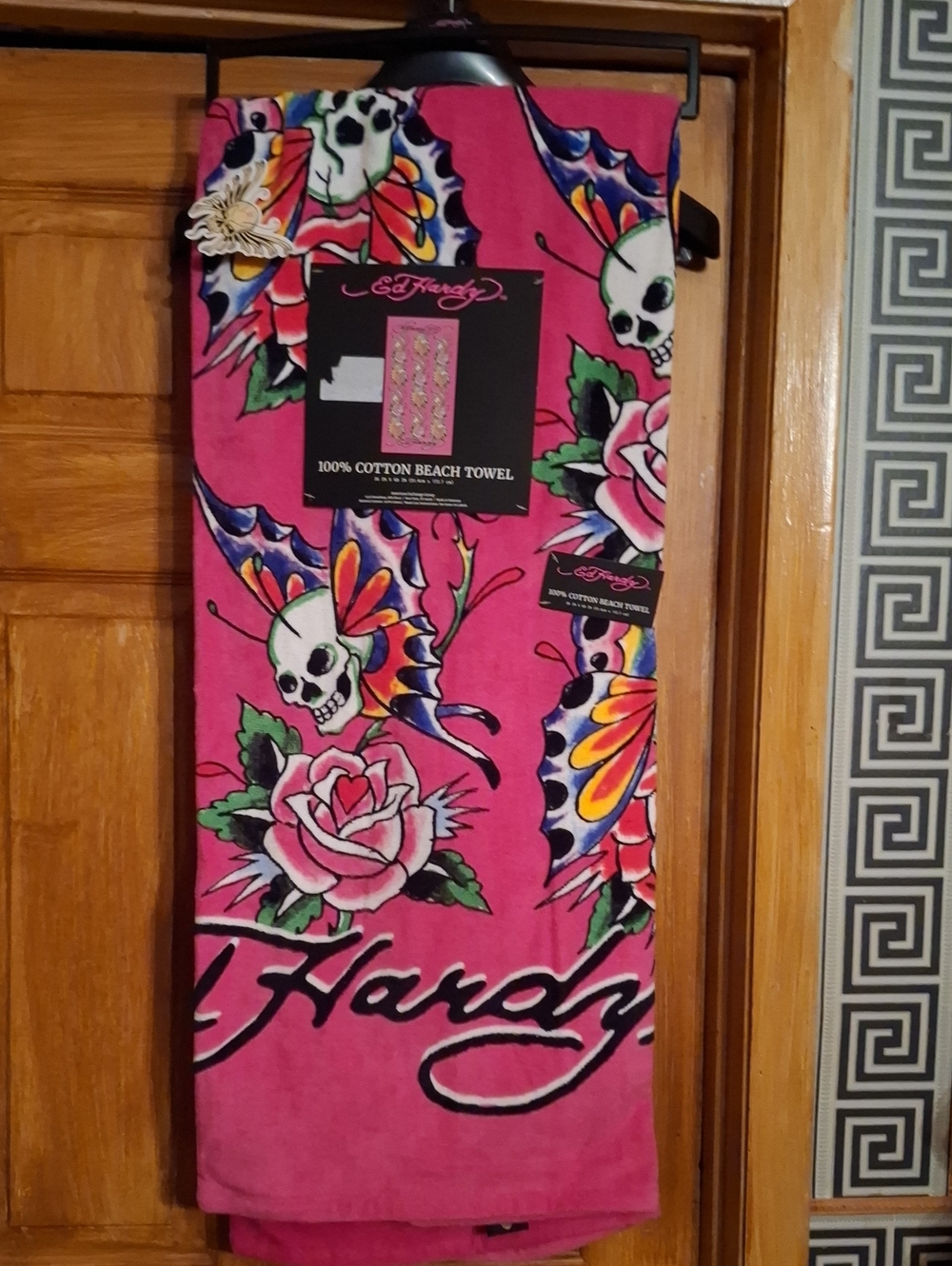 Ed Hardy Hot Pink Skull & Rose Cotton Beach Towel